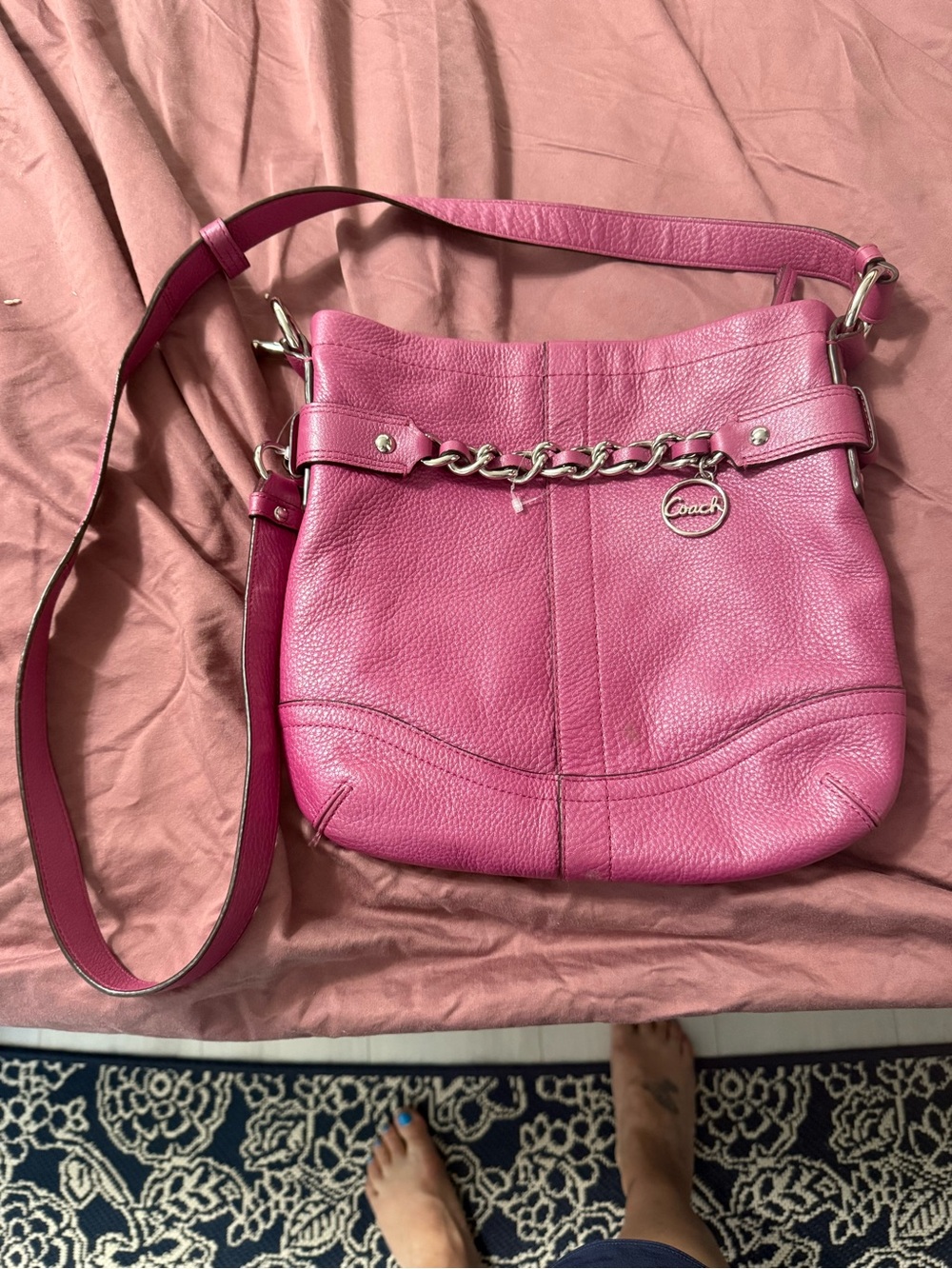 Coach Pink Pebbled Leather Chain-Accent Shoulder Bag broken hardware